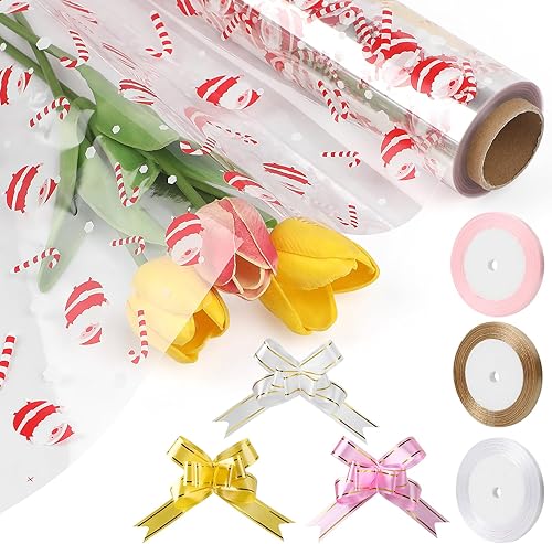 CCINEE Rollos de celofán de Navidad, película de celofán de Navidad para cestas de regalo con 15 lazos y 3 cintas, papel de regalo, manualidades
