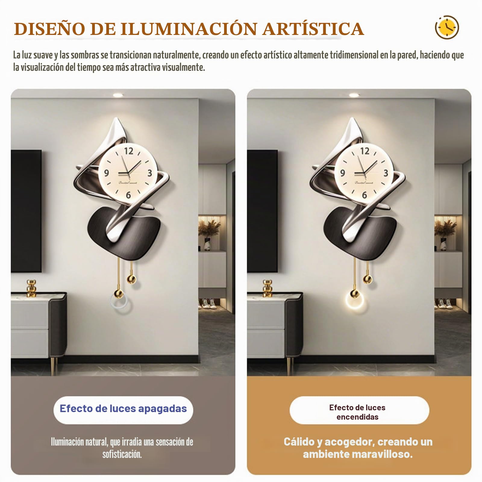 Reloj De Pared Artístico 3D con Luz LED, Reloj Decorativo De Cuarzo Silencioso, Esfera De Porcelana Cristal con Bola Colgante, Decoración Moderna para Salón Dormitorio Oficina