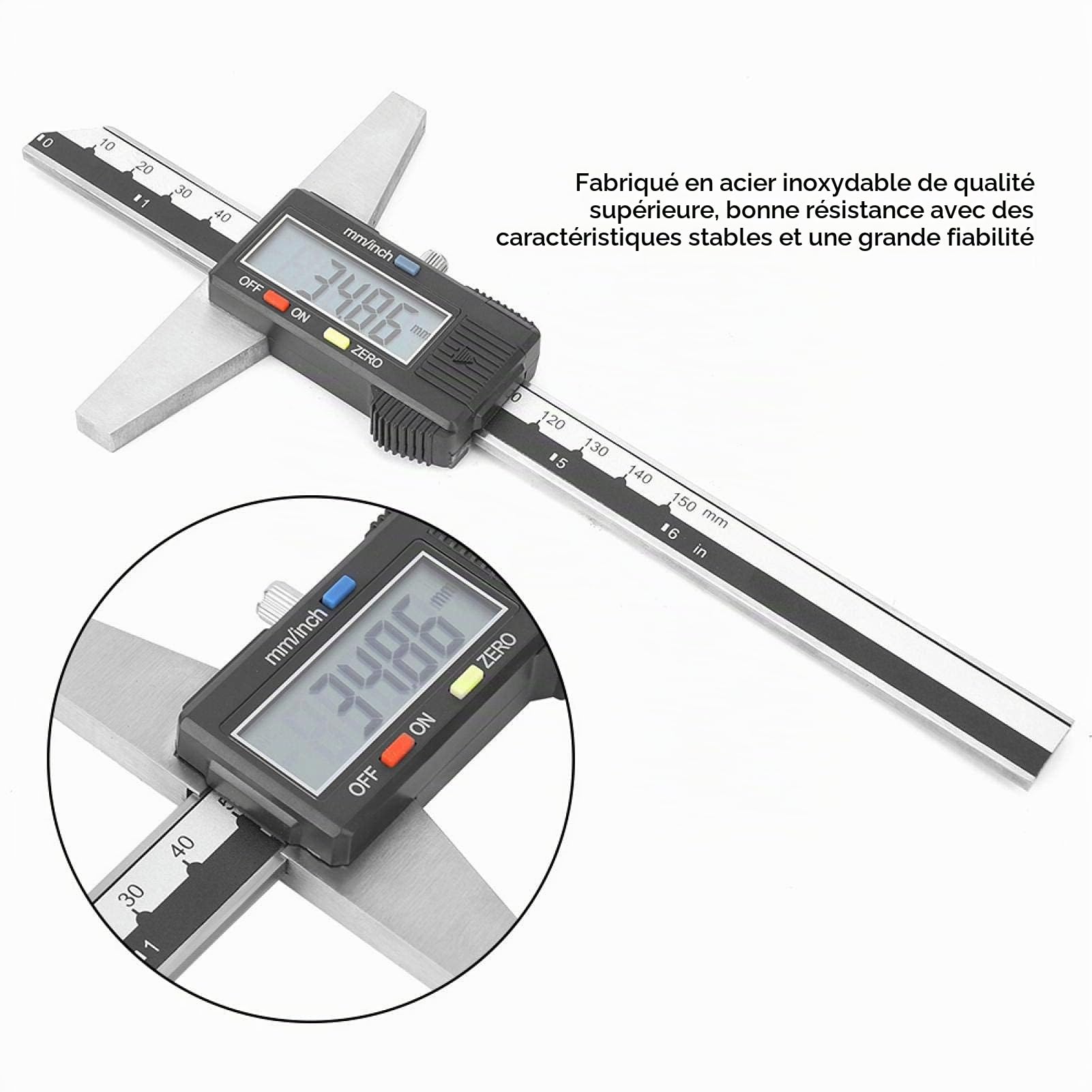 Jauge de profondeur, 0–150 mm Pied de profondeur, Pied a coulisse numérique, Pied à coulisse électronique, Pieds à coulisse Vernier avec écran LCD, le DIY et l'utilisation professionnelle 0,01 mm