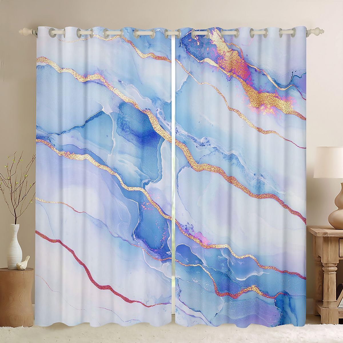 Feelyou Blue Marble Curtains for Bedroom Modern Marble Aesthetic Blackout Shades Retro Watercolor Artwork Design Room Darkening Curtain Window Treatments, 2 Panels 38 x 45 Inch Decor