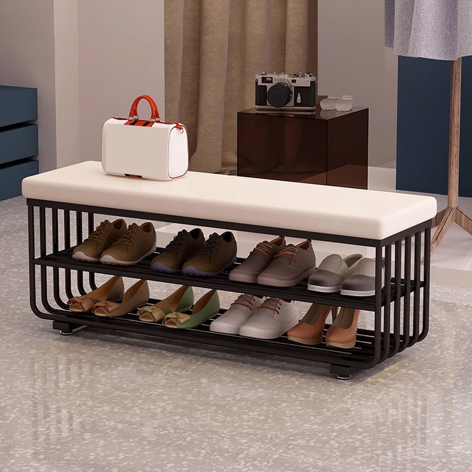 Étagère à chaussures d'entrée assise confort pour éviter le désordre