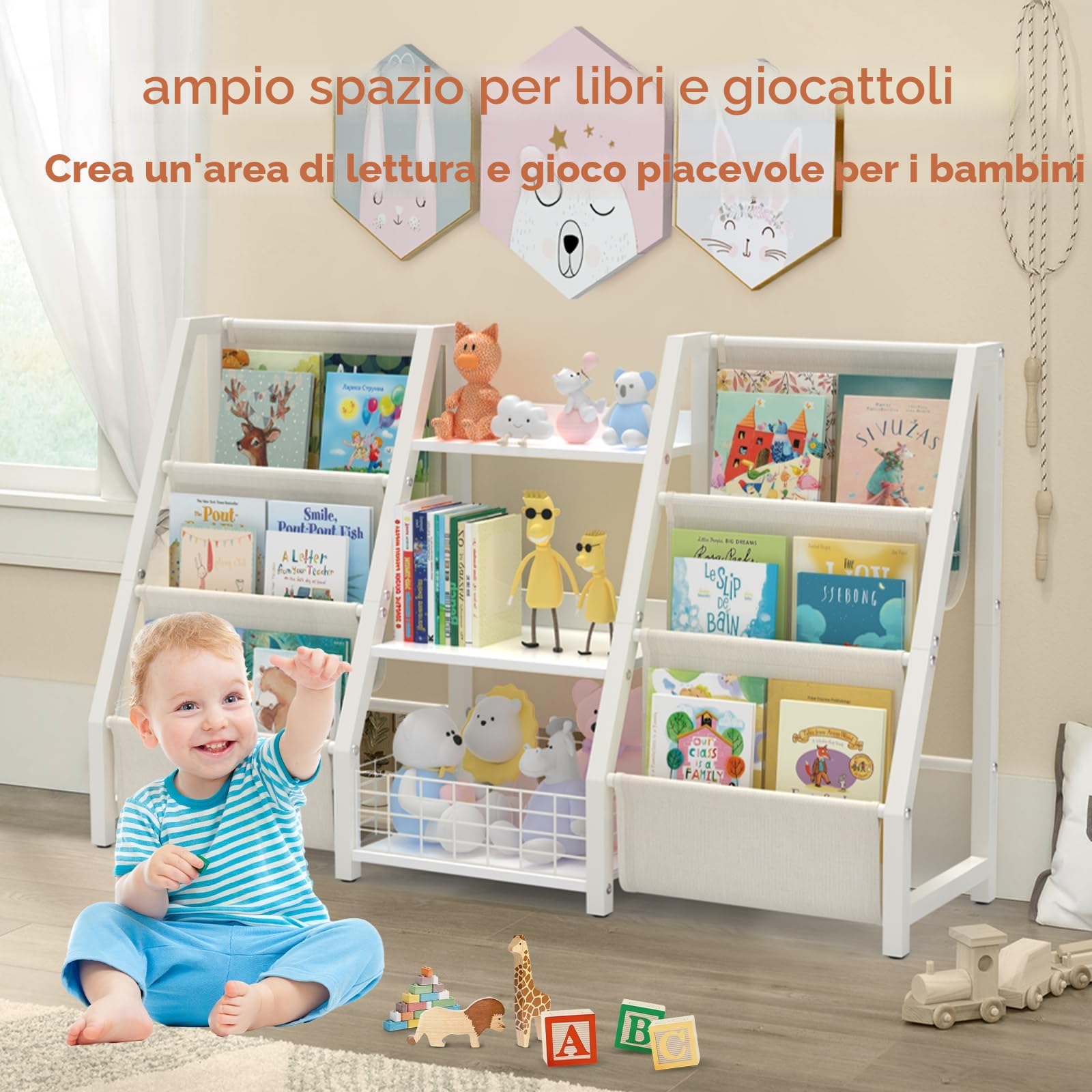BORISI Libreria Montessori per Bambini, Scaffale per Giocattoli con 6 Scomparti, Porta Libri Bambini, Organizer per Cameretta e Sala Giochi, 124x30x75 cm, Bianco