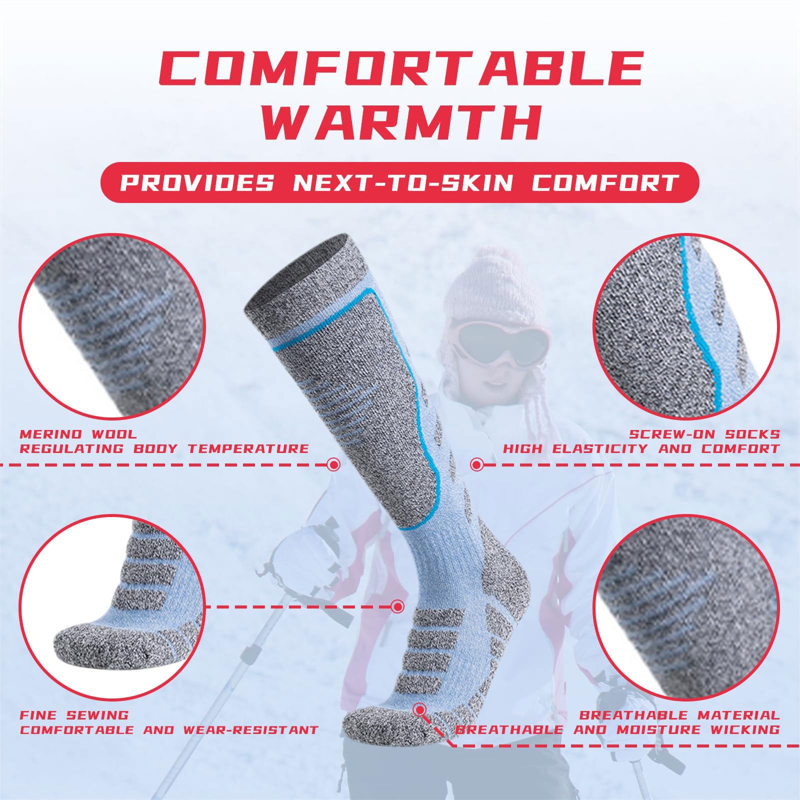 4 Paia Calzini da Sci in Lana Merino per Uomo e Donna Traspiranti Asciugatura Calze Termiche al Ginocchio Assorbimento umidità Ideali per Trekking,Ciclismo,Snowboard,Sport Invernali