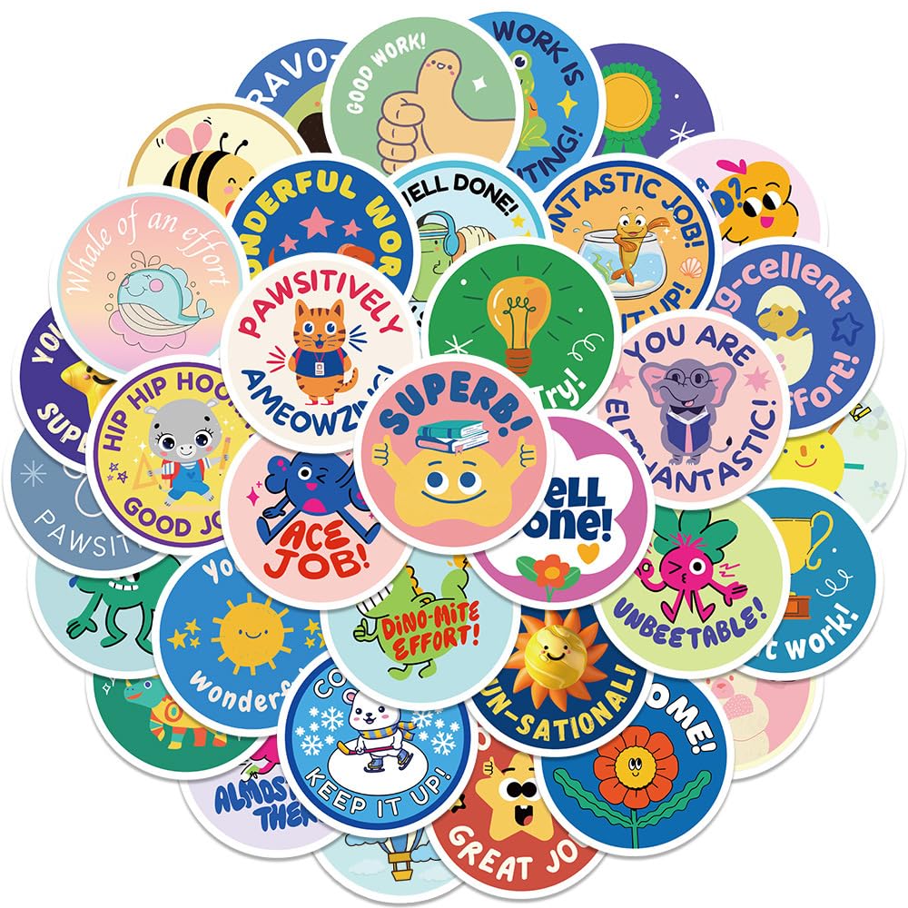 50 PCS Children's English Enlightenment Stickers, Reward Stickers, Cute Animals, Inspirational Encouragement Stickers