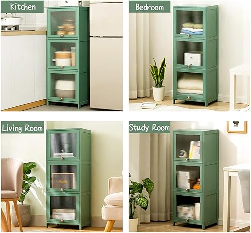 Miniatura 7 de IOTXY Estantería pequeña y estrecha  Estantería esquinera de bambú de 3 niveles con puertas acrílicas Moru, estante organizador de almacenamiento