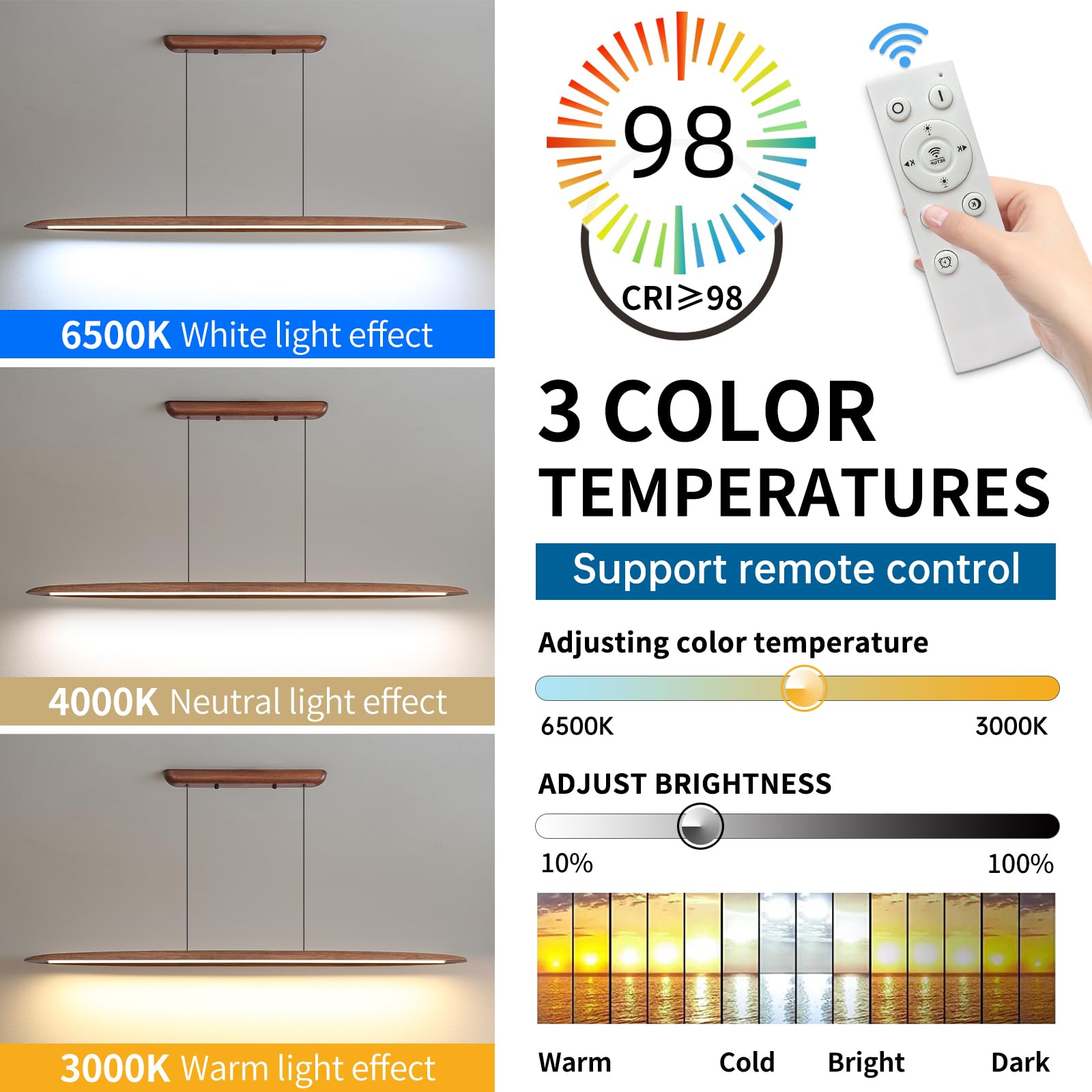 Mikeru Luce a Sospensione Lineare, 130cm Tavolo da Biliardo Luci 3000k/4500k/6000k Luci del Pendente Regolabili di Altezza 1.5metri 10%-100% Legno LED Dimmerabile Luce Del Pendente per Il Soggiorno