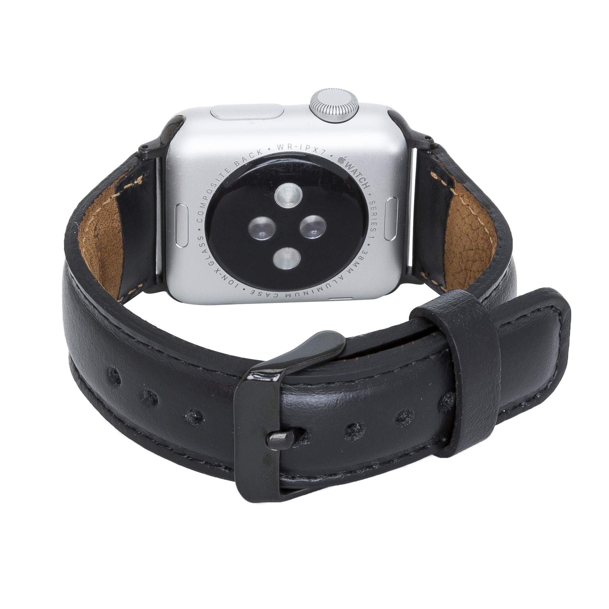 Venito Tuscany Bracelet de montre en cuir fait main compatible avec les montres Apple iWatch Série 5 ainsi que les séries 1, 2, 3, 4 42-44mm Noir rustique avec connecteur et fermoir noirs.