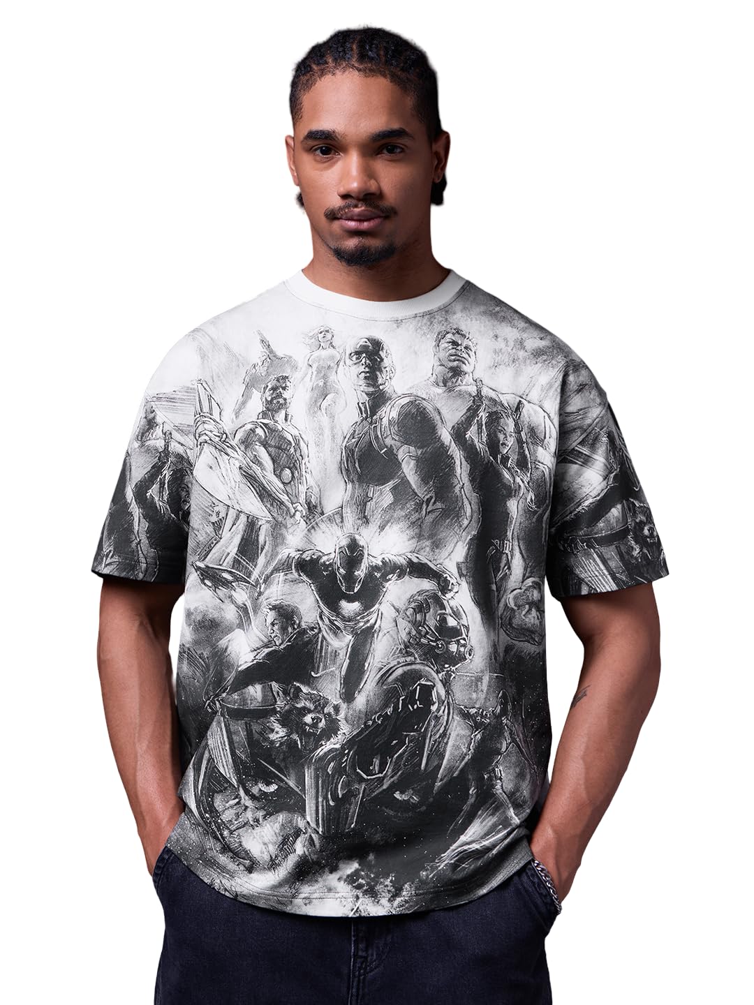 the souled store Marvel: The End Game Men and Boys Short Sleeves Round Neck White Graphic Printed Superhero Graphic Lightweight Drop Shoulder Streetwear Trendy Cotton Oversized T-Shirt-picture-42