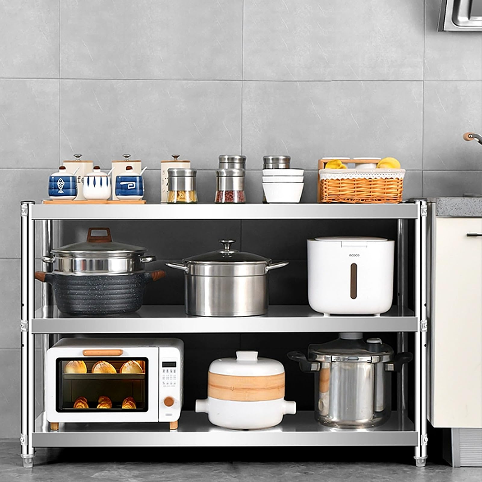 Scaffale Sto a 3 ripiani in acciaio inox, multiuso, in metallo, per cucina, microonde, soggiorno, ufficio, ga e patio (80 x 40 x 80 cm), moderno e versatile
