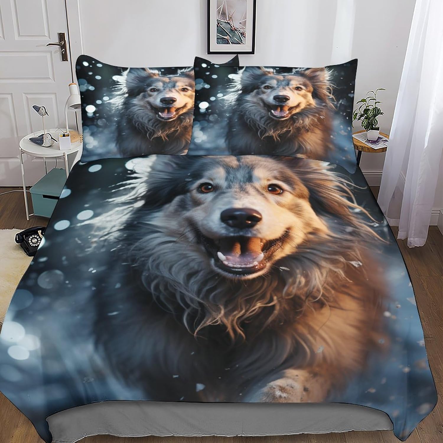 Housse de couette 240x220 cm chien parure de lit anti-plis pour adulte