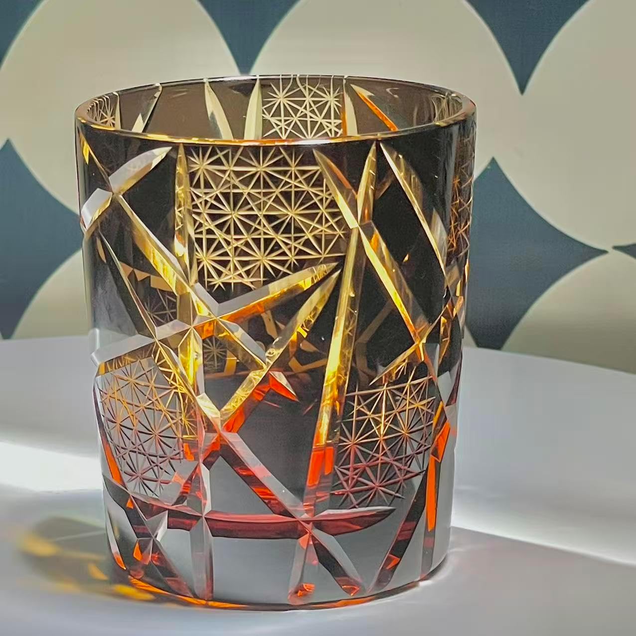 suigetsu Crystal Cut Whiskey Glass, Blue and Amber Geometric Pattern, Vintage Style Old Fashioned Glass Set of 2 (starry night 2) - Image 5