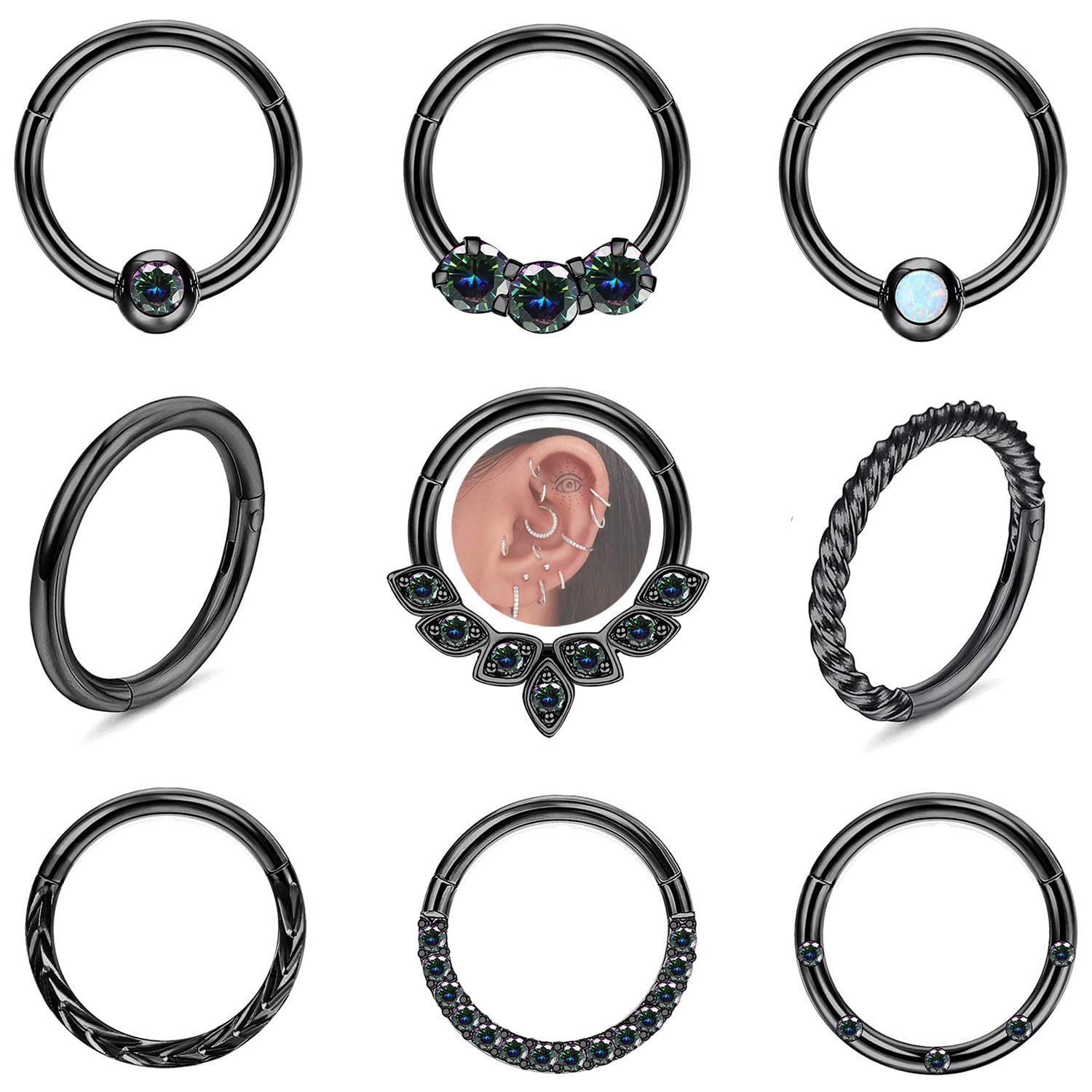 Diamday 9 Piezas Anillos de Nariz Aro Acero Quirúrgico para Mujeres 16G 18G Septum Anillos CZ Opal Clicker Cartílago Pendientes Daith Labio Hélix Aro Tragus Concha Piercing Nariz Joyería