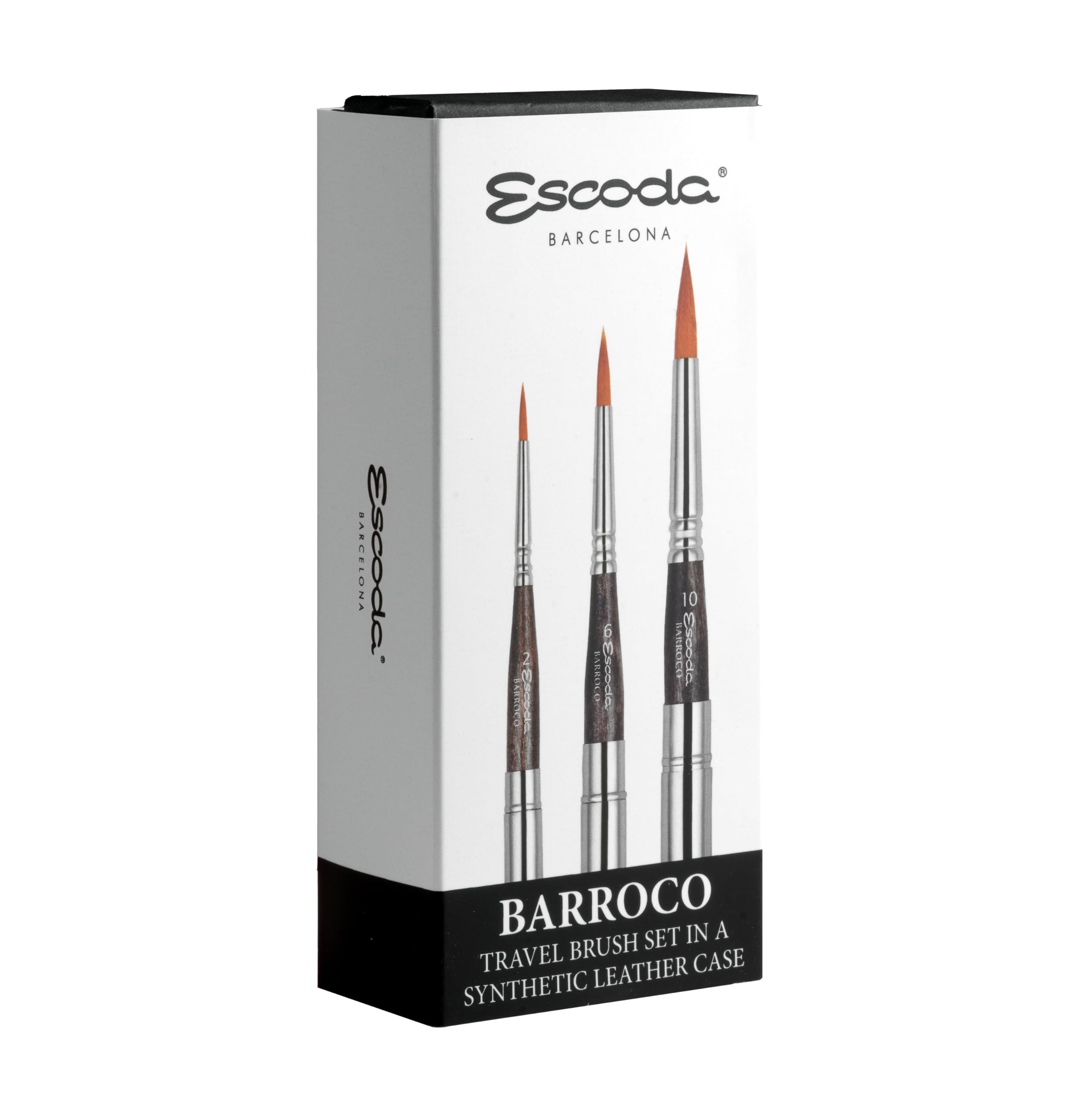 Escoda Barroco Serie Professionelles Künstler-Aquarell-Reisepinsel-Set mit Kunstleder-Brieftasche, 3 runden Reisepinseln, synthetische Gold-Toray-Faser