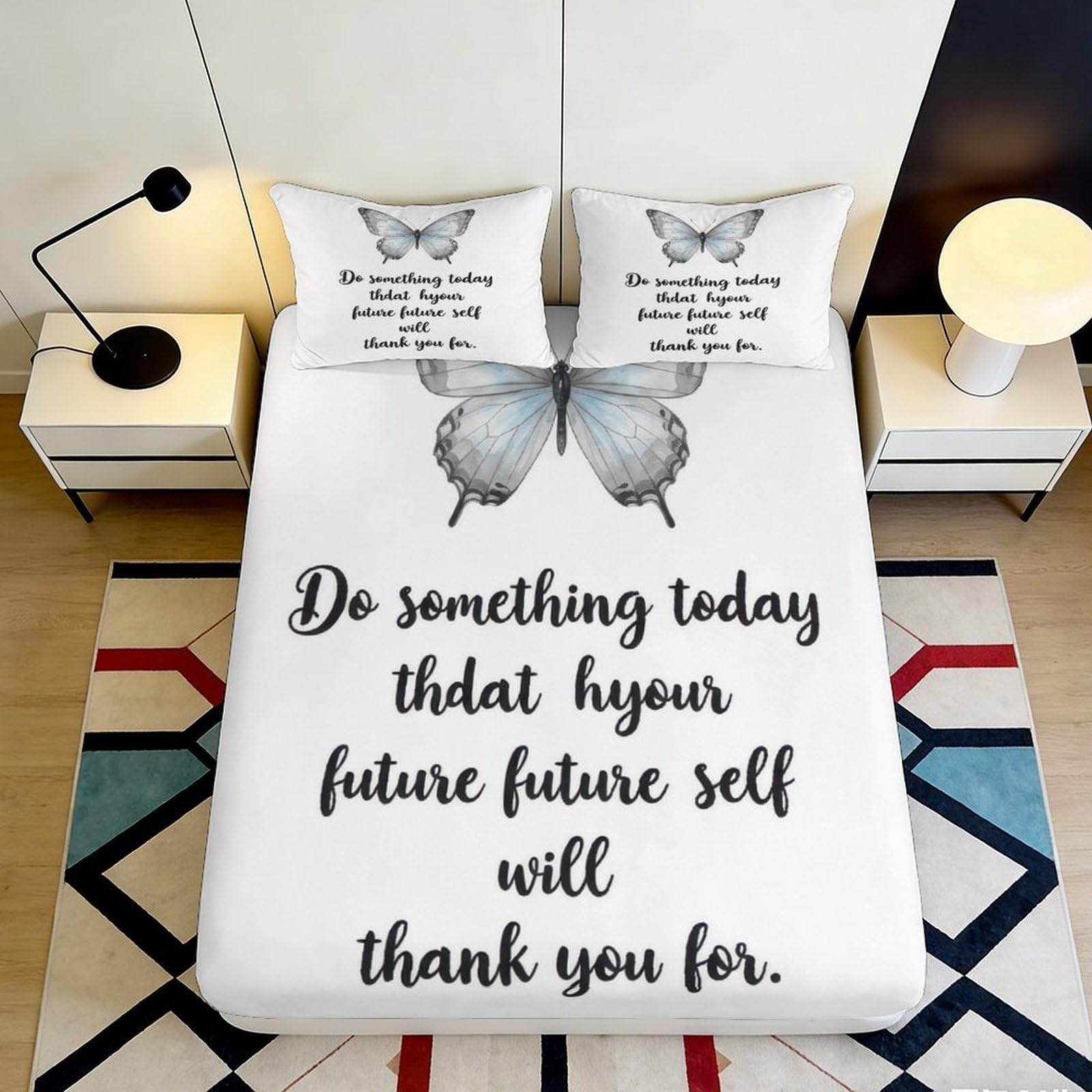 3D Printed Butterfly Quote Fitted Sheet Microfiber Soft Inspirational Text Bed Cover for Bedroom Guest Room Decor 90x200x25cm
