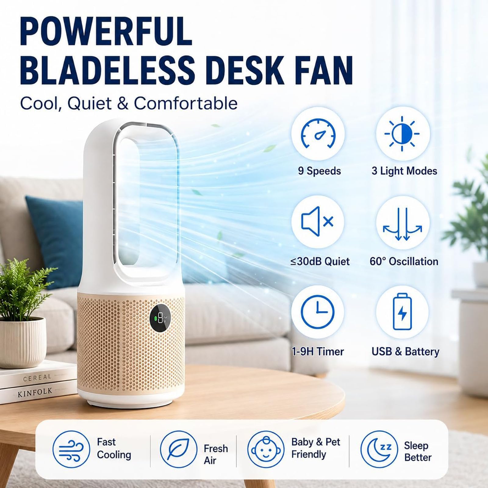 VOMI Rotorloser Tischventilator mit Akku, 4000 mAh, leise | Ohne Rotorblätter, 60° Oszillation, 9 Geschwindigkeiten, Nachtlicht, 9h Timer, für Schlafzimmer, Büro und Schreibtisch