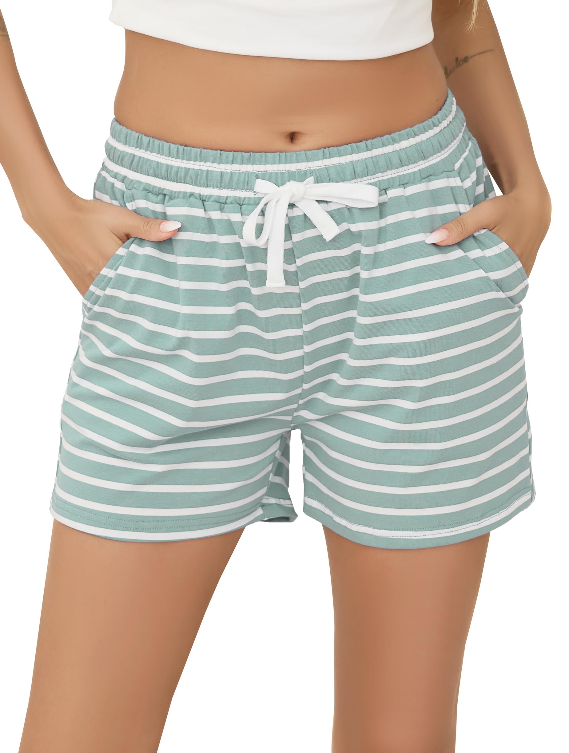 Vlazom Damen Schlafanzughose Baumwolle Pyjamahose Nachtwäsche Kurz Freizeit Hose mit Taschen und Kordelzug（L，Stil B-Hellgrün）