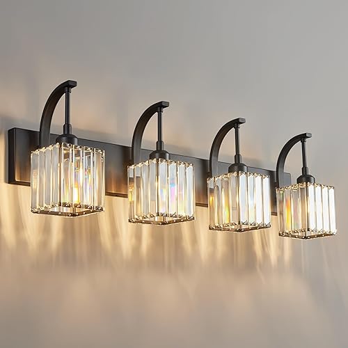 Miniatura 13 de Luces de tocador de cristal cromadas de 4 luces, modernas lámparas de baño de cristal sobre espejo de 32.67 pulgadas de largo para baño Cromo