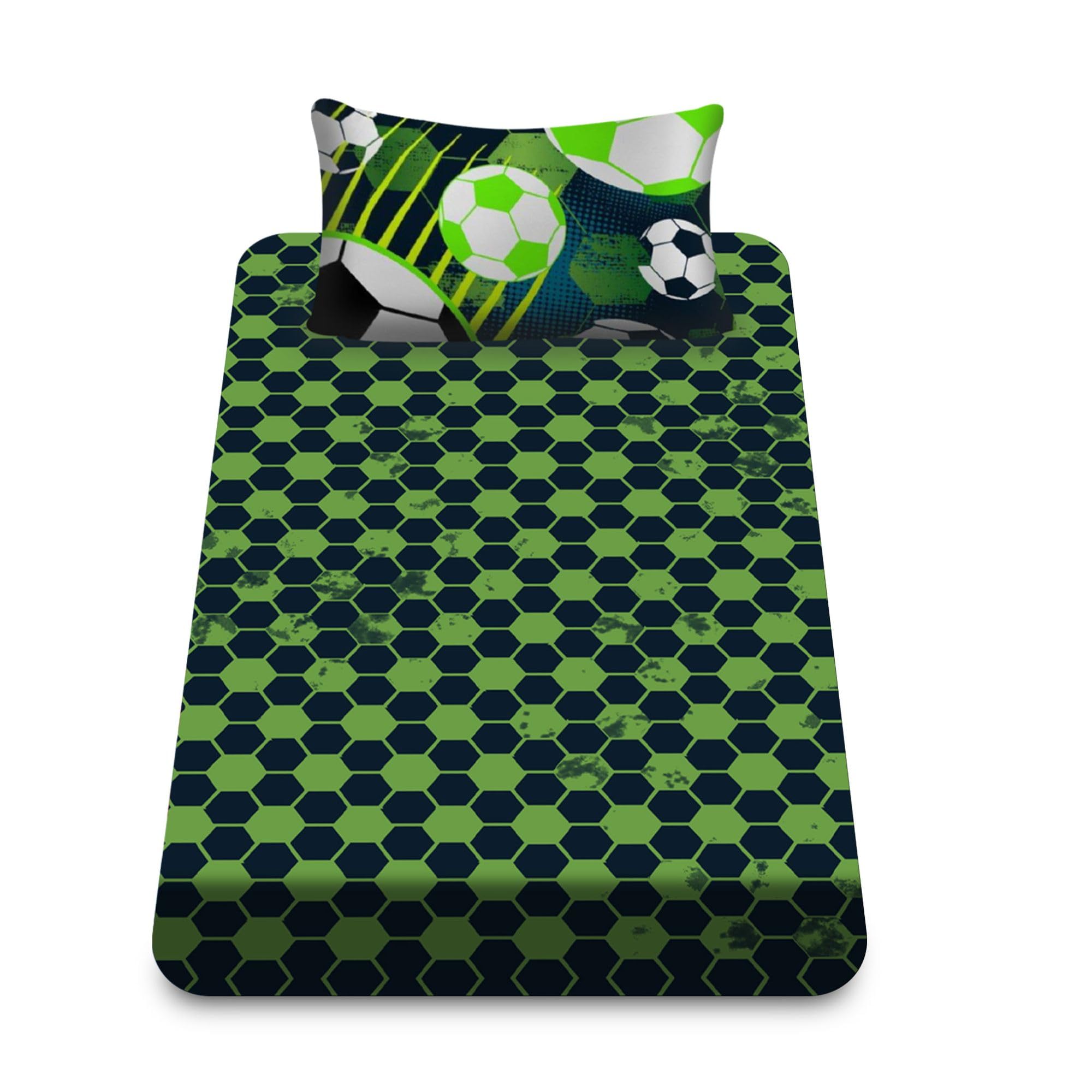VELVETIO Luxury Kids Fitted Sheet with Matching Pillowcase, Boys & Girls Printed Football Bedsheet Single, Hypoallergenic Polycotton Soccer Bedding Sheet, Green