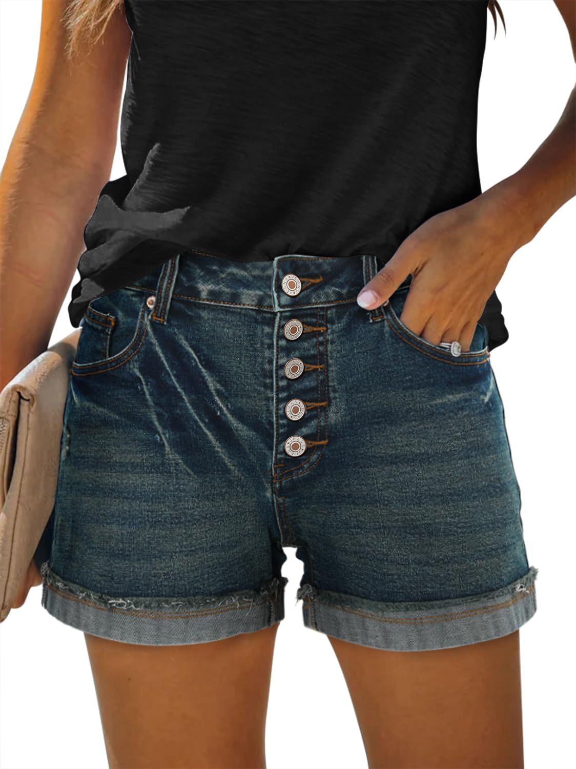 MINGALONDON Women's Denim Shorts Mid Waist Ripped Distressed