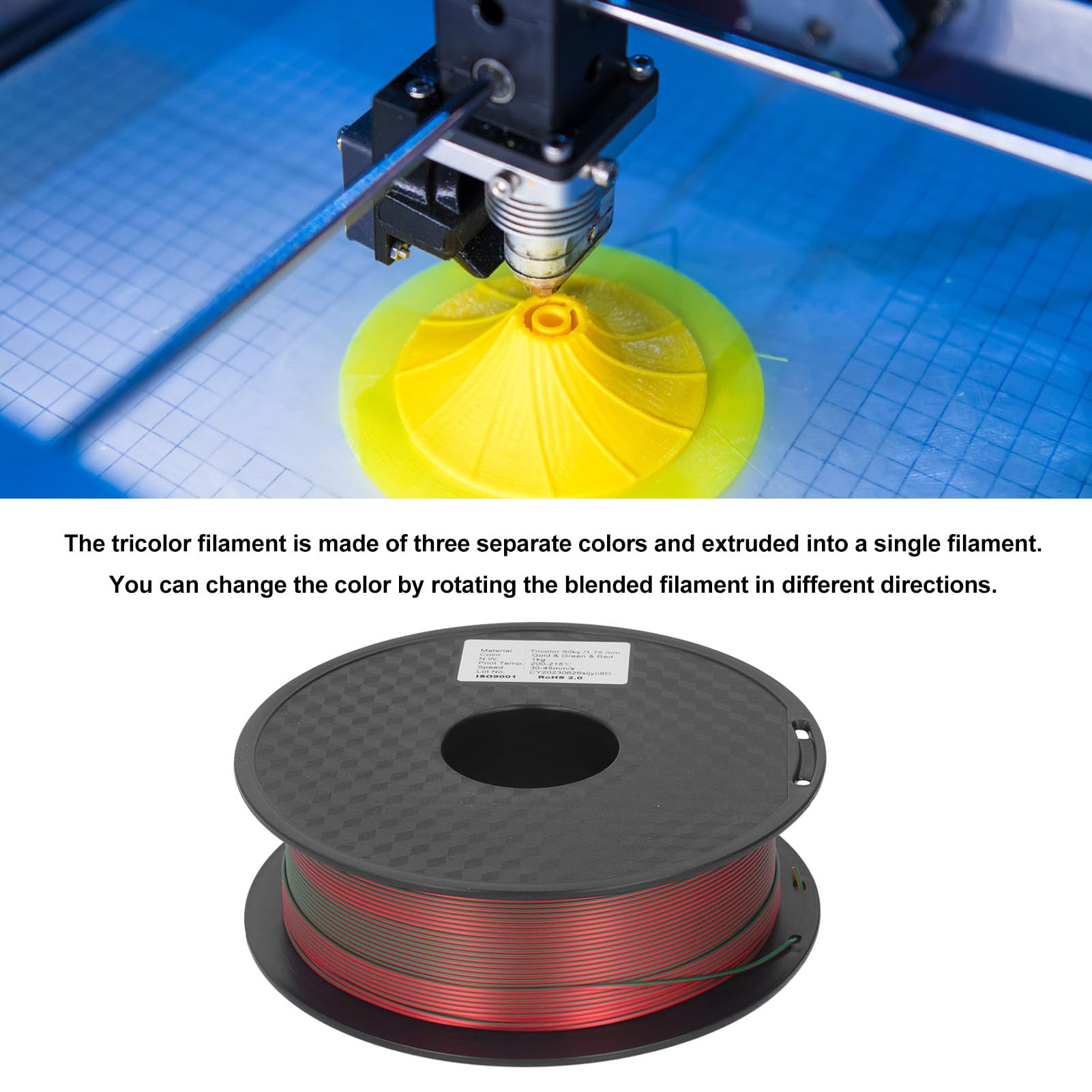 1,75 mm dreifarbiges PLA-Filament, Gold, Grün, Rot, 3D-Drucker-Filament, dreifarbiges Farbverlaufs-PLA-Druckverbrauchsmaterial für 3D-Druck, Modellbau und Dekoration