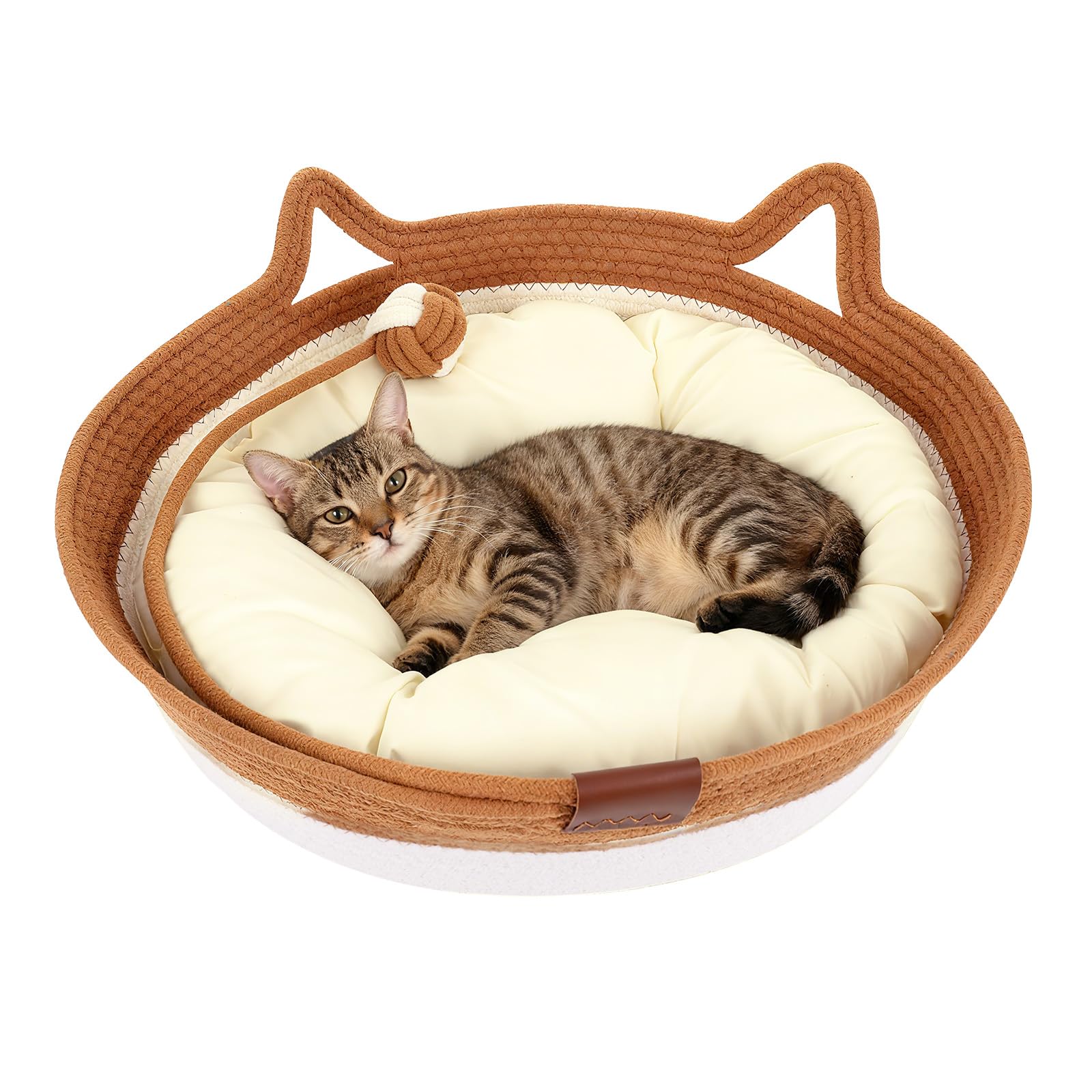 Zocipro Baumwollseil Katzenbett mit Kissen, 46x46x16 cm Groß Katzenbett, Katzenkörbchen Rund Waschbar mit Baumwollseil-Spielball für Alle Katze