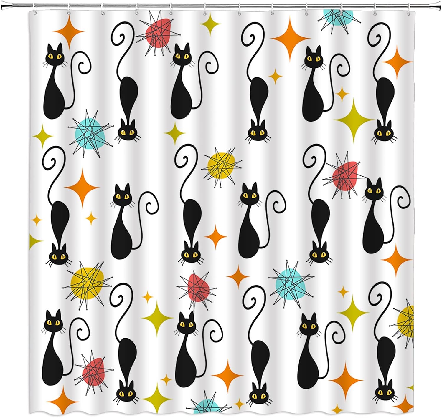 Mid Century Modern Shower Curtain Retro FUUNY Black Cat Geometric Minimalist Boho 1950s 60s 70s Vintage Fabric Bathroom Decor Curtain Sets with Hooks,Beige