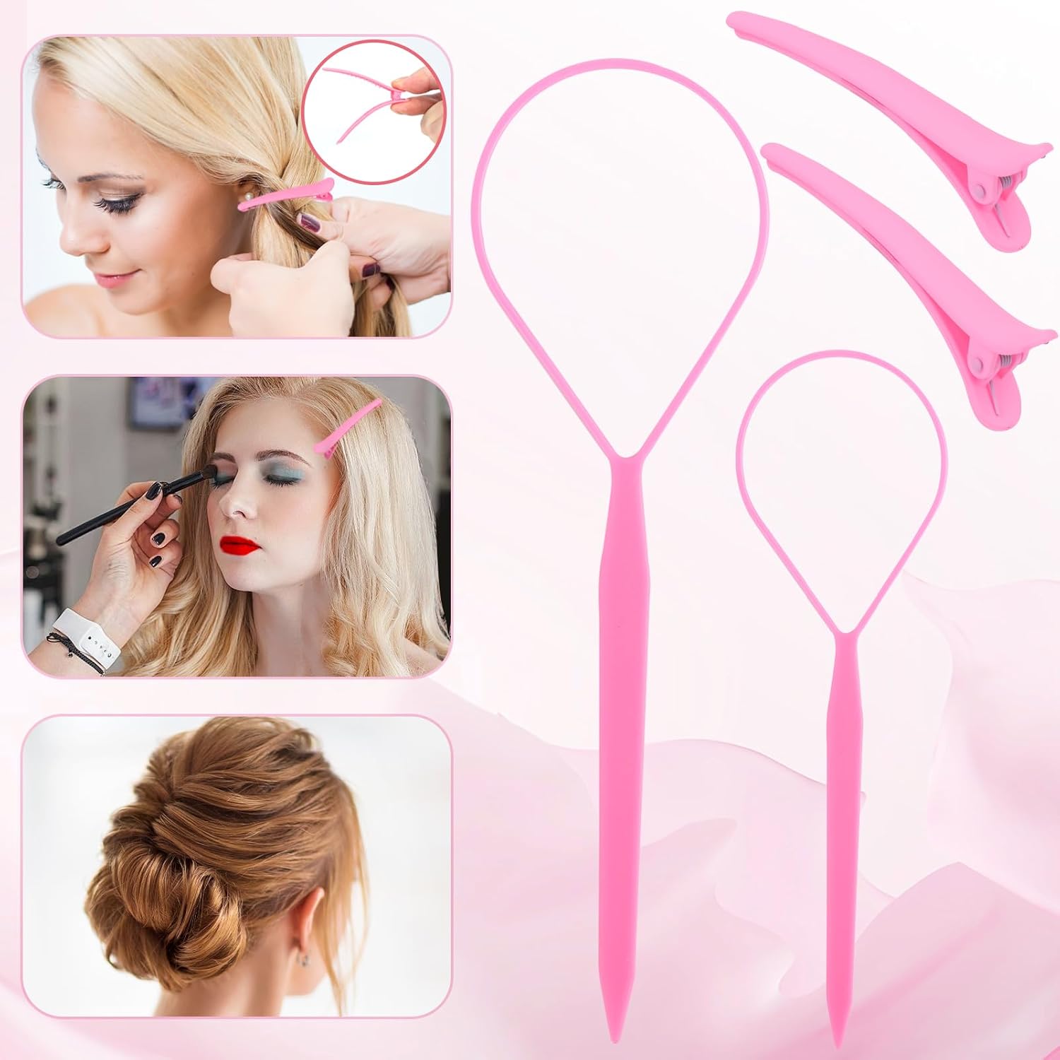 Hair Styling Tools &Topsy Tail Hair Tools Triple Teasing Combet: Triple Teasing Brush, Edge Brush, Rat Tail Combs, Braid Loops and Clips for Women, Girls, Pink image 6 of 8 B0DMJLSH2C