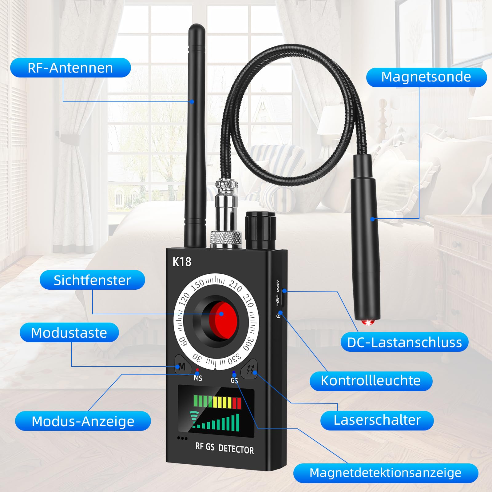 K18 Détecteur RF de Punaises – Détecteur de Signal pour Caméras Cachées, GSM Tracker, Appareils d'Écoute et Dispositifs GPS Magnétiques, Scanner de Punaises Portable pour la Maison, le Bureau