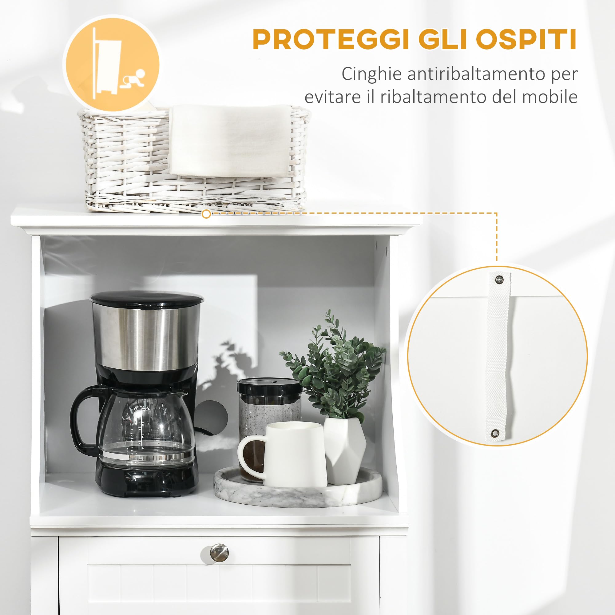 HOMCOM Mobile Cucina per Microonde e Piccoli Elettrodomestici, Mobile da Cucina con Supporto per Forno Microonde, Cassetto e Armadietto 2 Ante con Ripiano Regolabile, 60x40x122.5 cm, Bianco