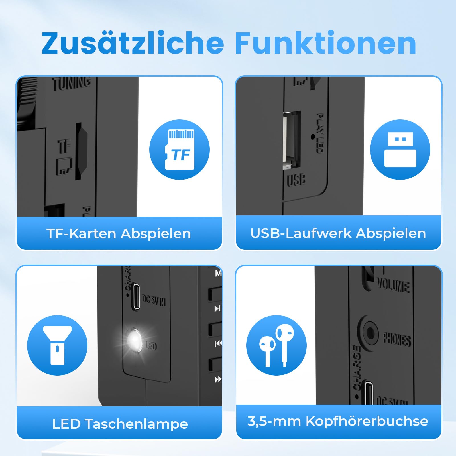 PRUNUS J-360 Tragbare Kassettenspieler mit Bluetooth, AM/FM Kassettenradio mit Akku & Solarpanel, Kleines Radio kassettenrekorder mit Kopfhöreranschluss, TF/USB-Laufwerk.