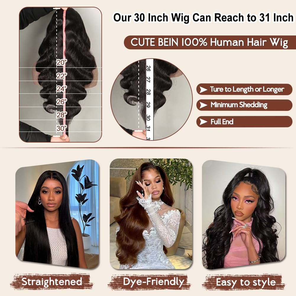 CUTE BEIN 250 Density 30 Inch Lace Front Wigs, 100% Human Hair,[2-Year Life,260g], 13x6 Body Wave HD Transparent Lace Frontal Wigs for Black Women, Glueless Wigs Pre Plucked with Baby Hair
