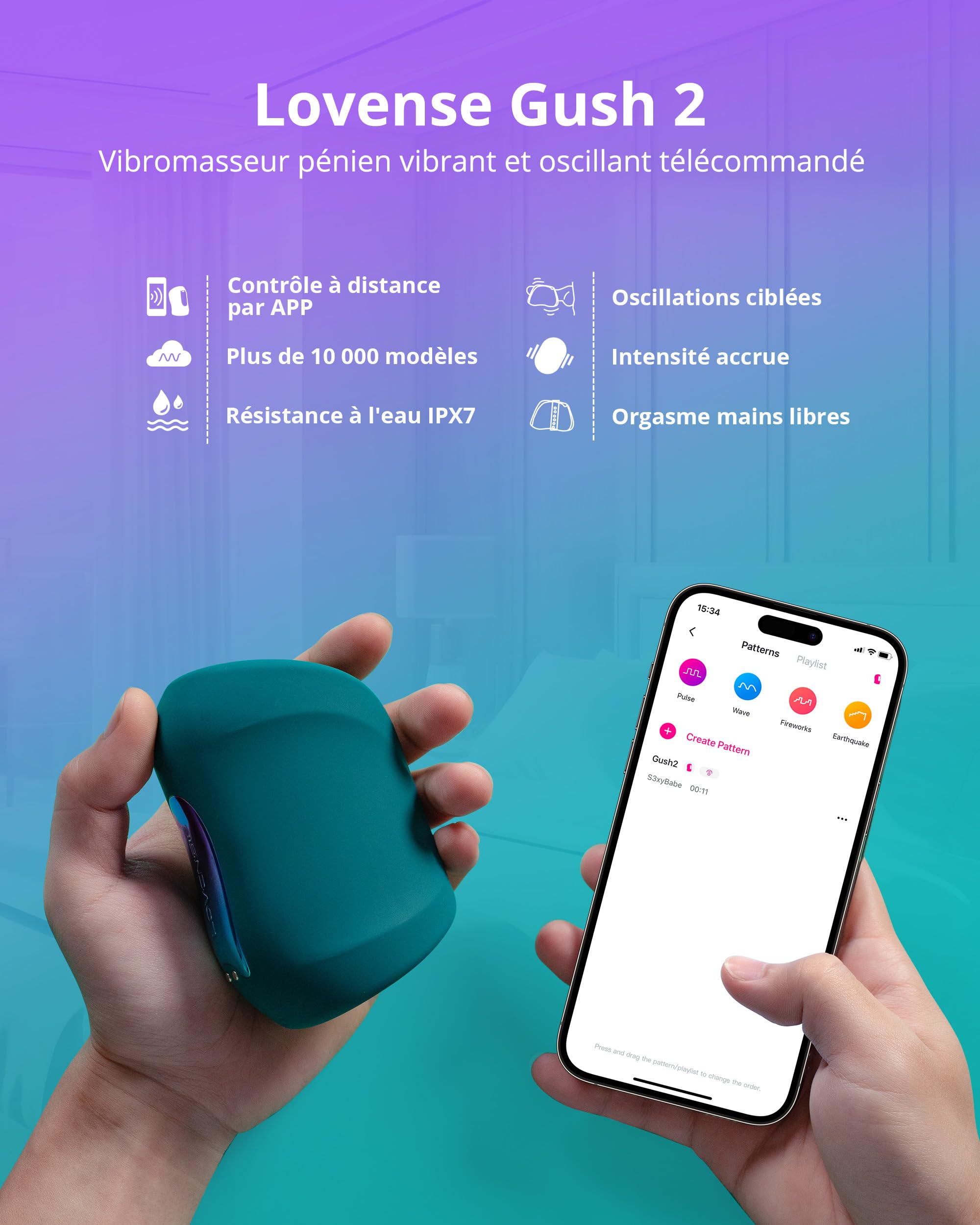 LOVENSE Gush 2 Masturbateur Homme Mains Libres, Contrôle à Distance via App | Masturbateur Automatique Vibrant et Oscillant, IPX7 Étanche, Sangles Réglables et Rechargeable par USB