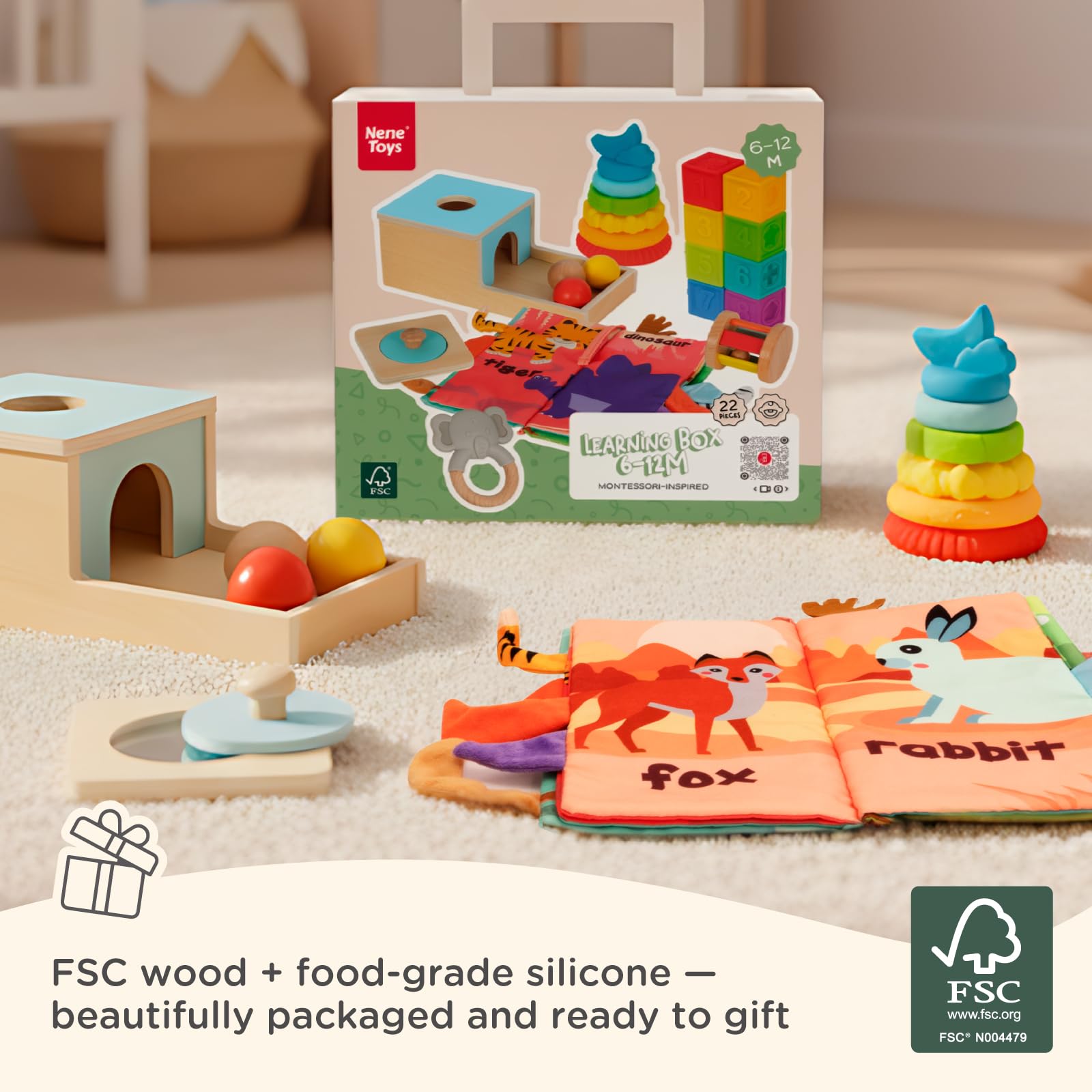 Nene Toys Zabawki Montessori dla Niemowląt 6–12 Mies. – Drewniany Zestaw Sensoryczny: Skrzynka Permanencji, Wieża Silikonowa, Puzzle z Lustrem, Książeczka, Gryzak, Grzechotka i 8 Bloków