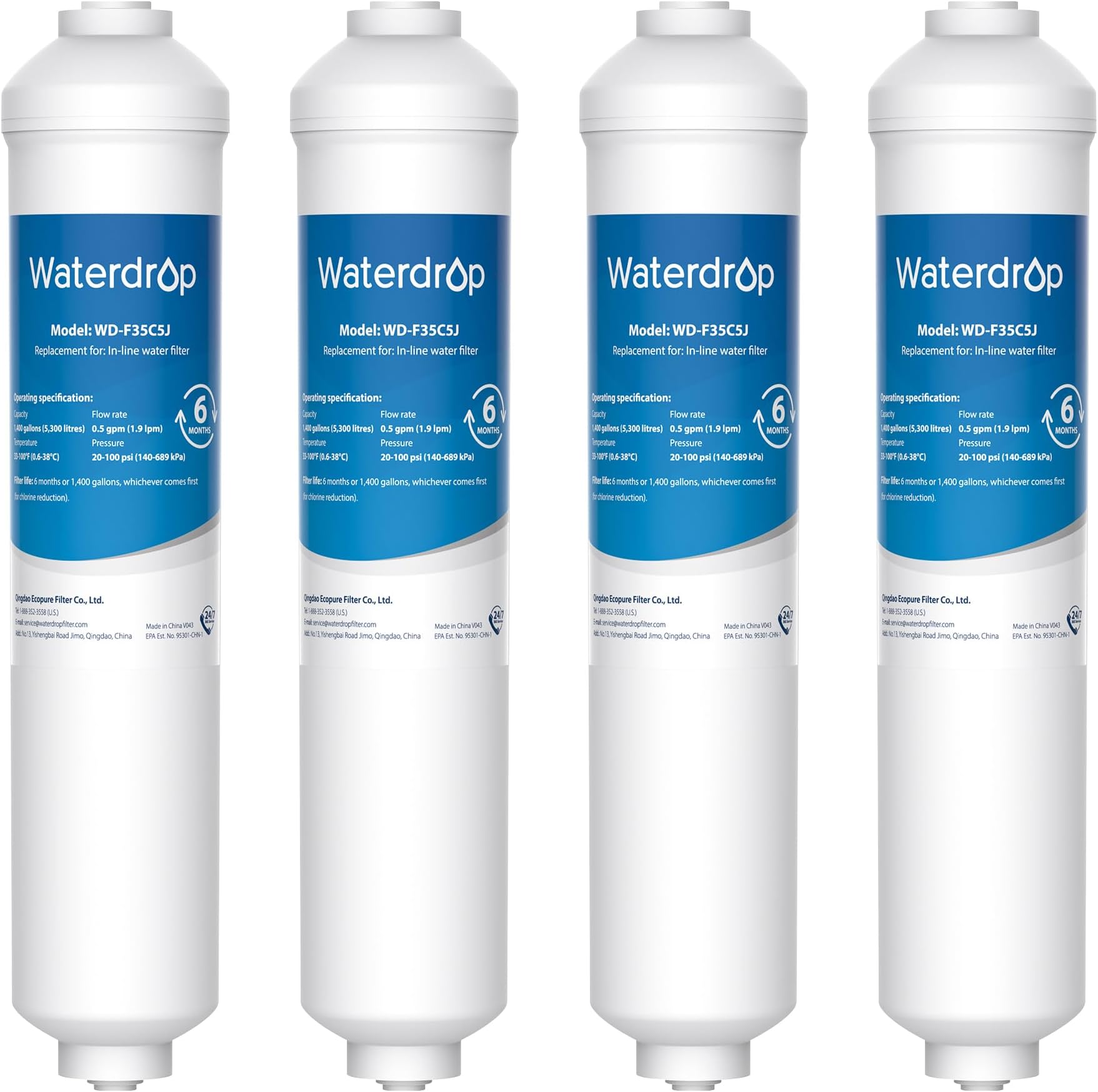 Waterdrop Replacement Filter for DA29-10105J Samsung® Fridge Water Filter, Samsung® Water Filter DA29-10105J HAFEX/EXP, DA2010CB, DA99 02131B, HAIER® LG® Inline Water Filter (4)
