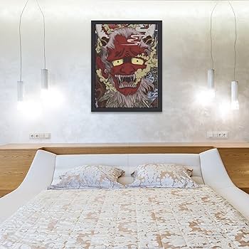 鬼が島　絵画　芸術　飾り　インテリア Amazon.co.jp: アートパネル 木製の枠 鬼 和風 赤鬼 鬼退治