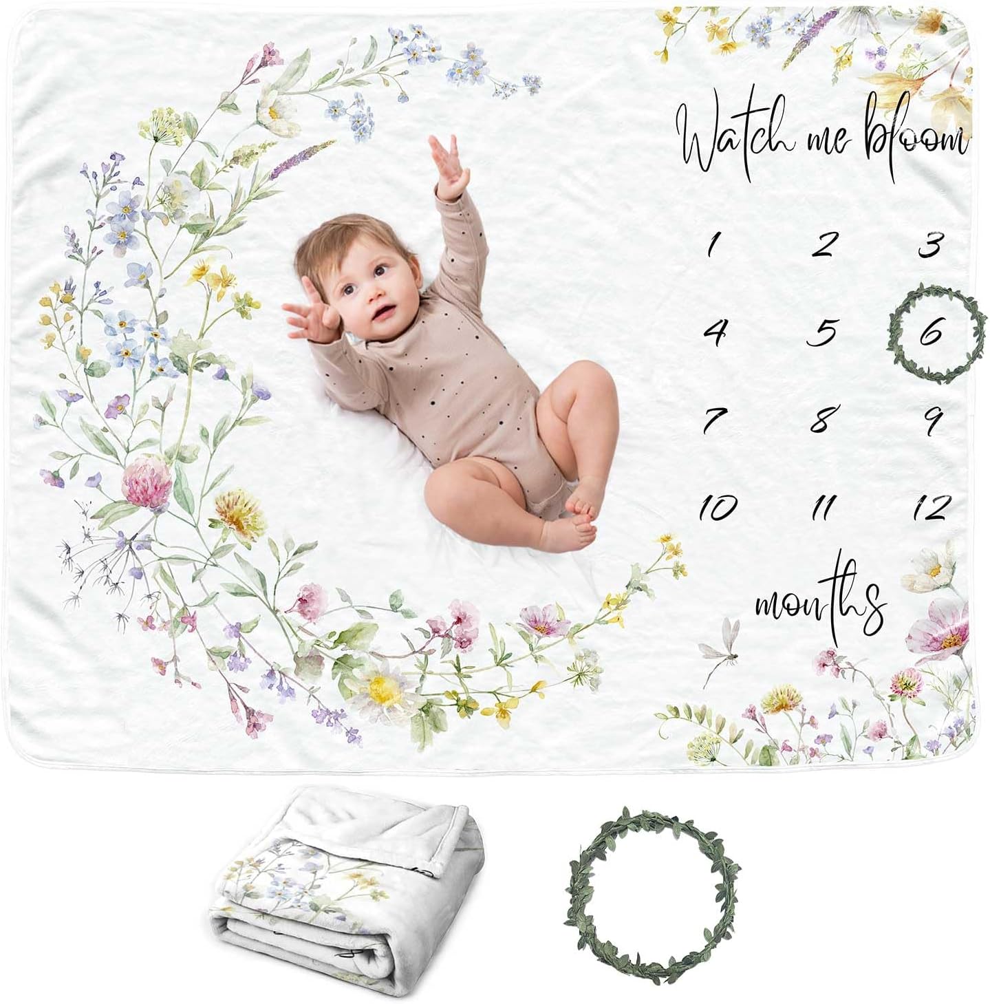 Wildflower Baby Monthly Blanket for Girls, Boho Floral Moon Nursery Decor, Babys First Year Photography Background, for New Moms