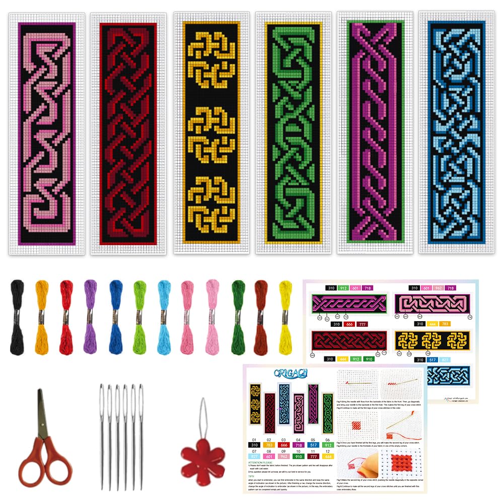 ORIGACH 6 Set Celtic Knot Cross Stitch Bookmark Kit for Beginner with Backing Felt Floss Instructions DIY Stamped Embroidery Bookmark Kit for Adults, Book Lovers