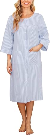 Bloggerlove House Dress Women Cotton Snap Front Nightgown 3/4 Sleeve Housecoat Duster Robe with Pockets Moomoo Patio Dress