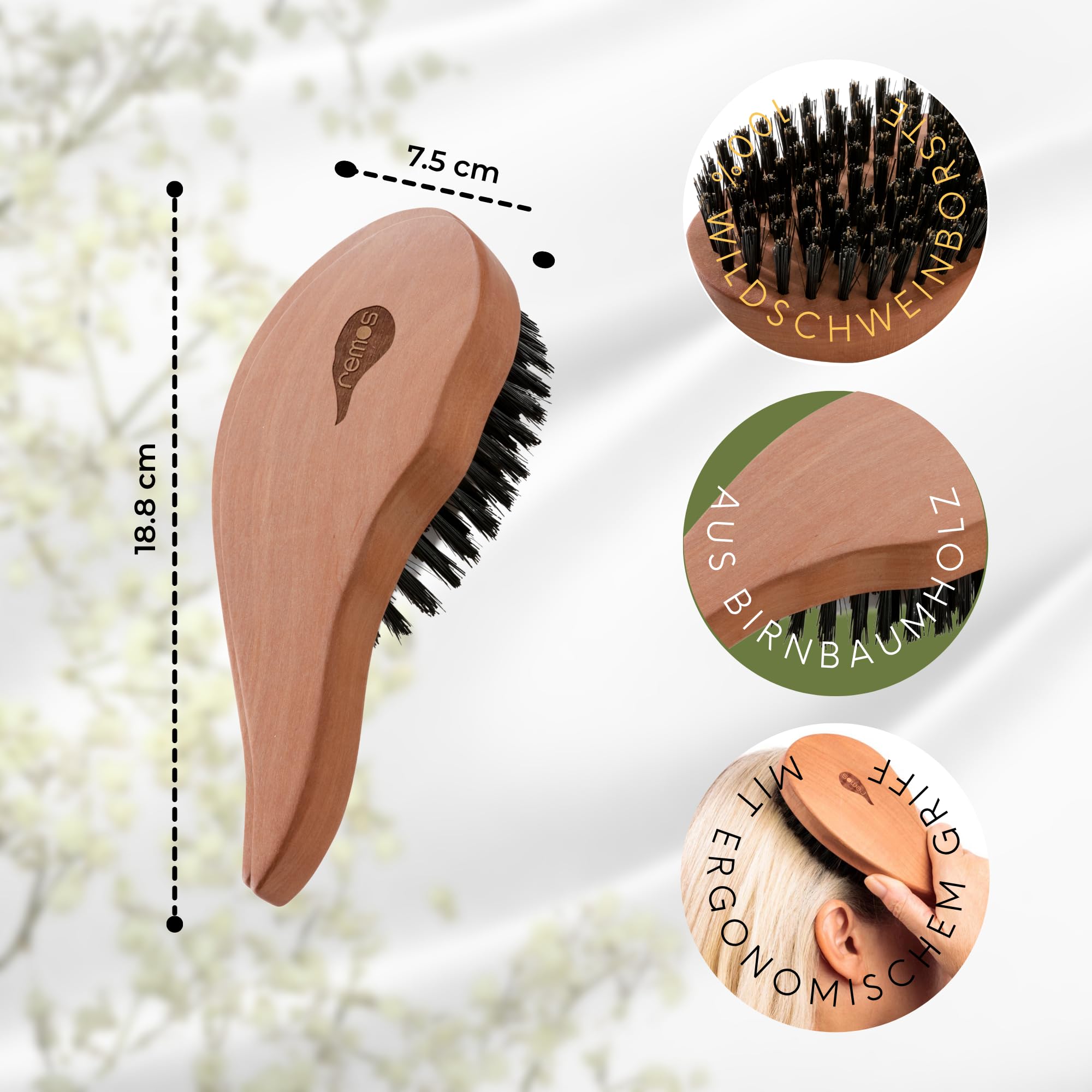 Remos naturalna szczotka do włosów ze 100% włosia dzika z ergonomicznym uchwytem