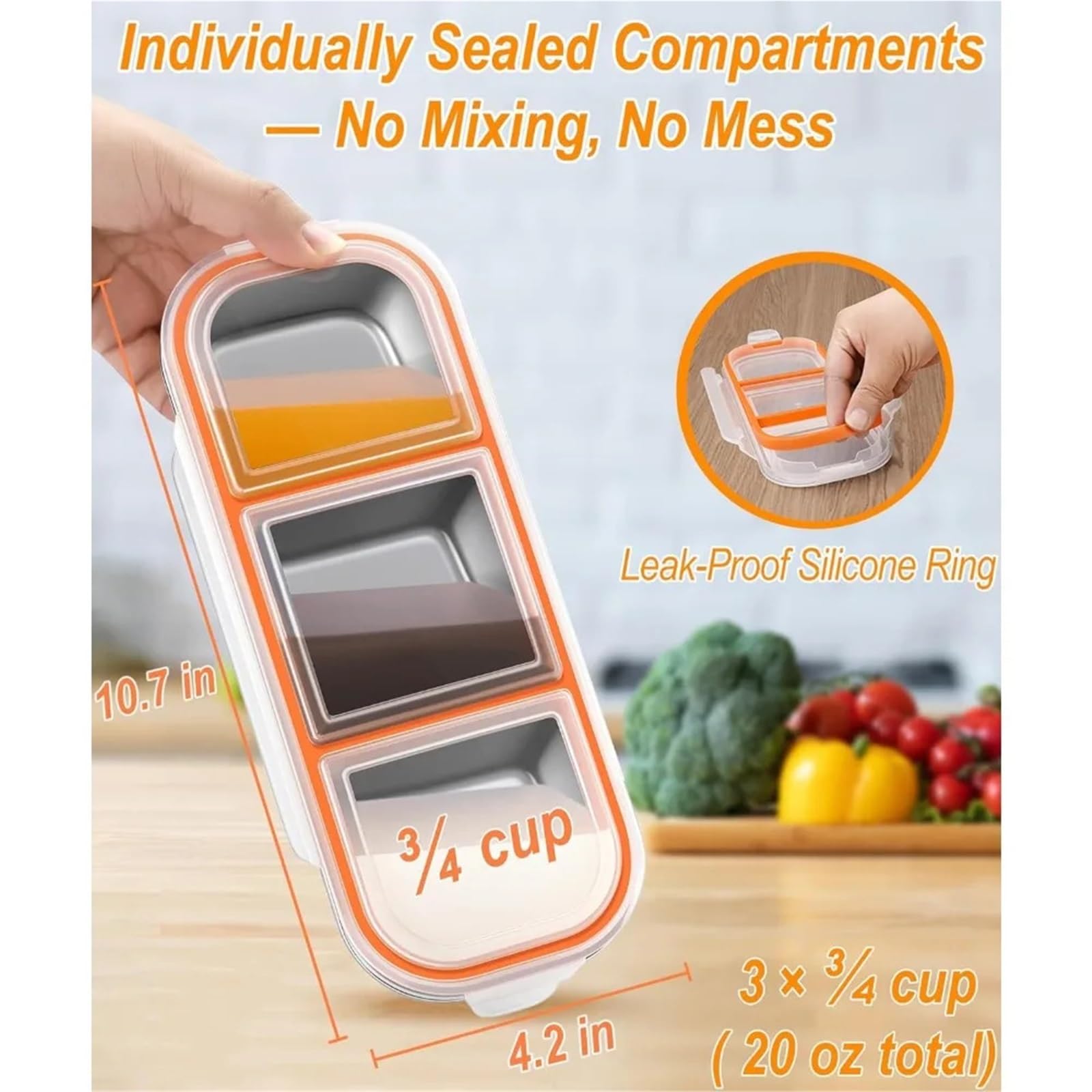 4 pz 304 Contenitori for Snack In Acciaio Inox A Prova di Perdite 3 Scomparti Bento Box for Adulti Scuola Lavoro Viaggio Pranzo Impilabile per Snack