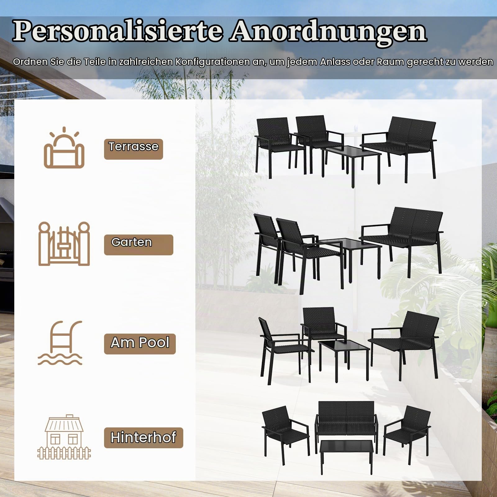 GIANTEX Gartenlounge Outdoor Möbelsets, Garten Lounge Gartenmöbel Set Polyrattan, 4 tlg. Terrassenmöbel, Sitzgruppe 4 Personen Tisch 2 Stühle Sitzbank, Balkonmöbel Kleiner Balkon, Balkonset Wetterfest