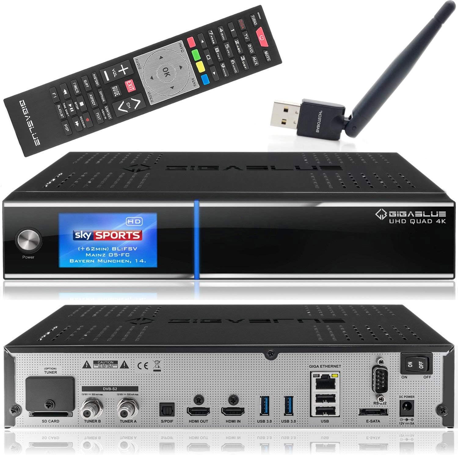 Gigablue UHD Quad 4k Receiver with 2 x DVB-S2 FBC and 1 x DVB-C/T2 (H.265) Tuner Satellite Receiver with Babotech WLAN Stick