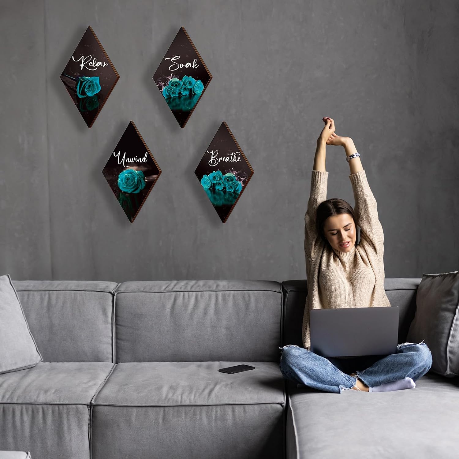 ONIZHITY Set of 4 Rose Wooden Wall Decor - Turquoise & Teal Bathroom & Office Signs (12 x 7) - Breathe, Soak, Unwind, Relax