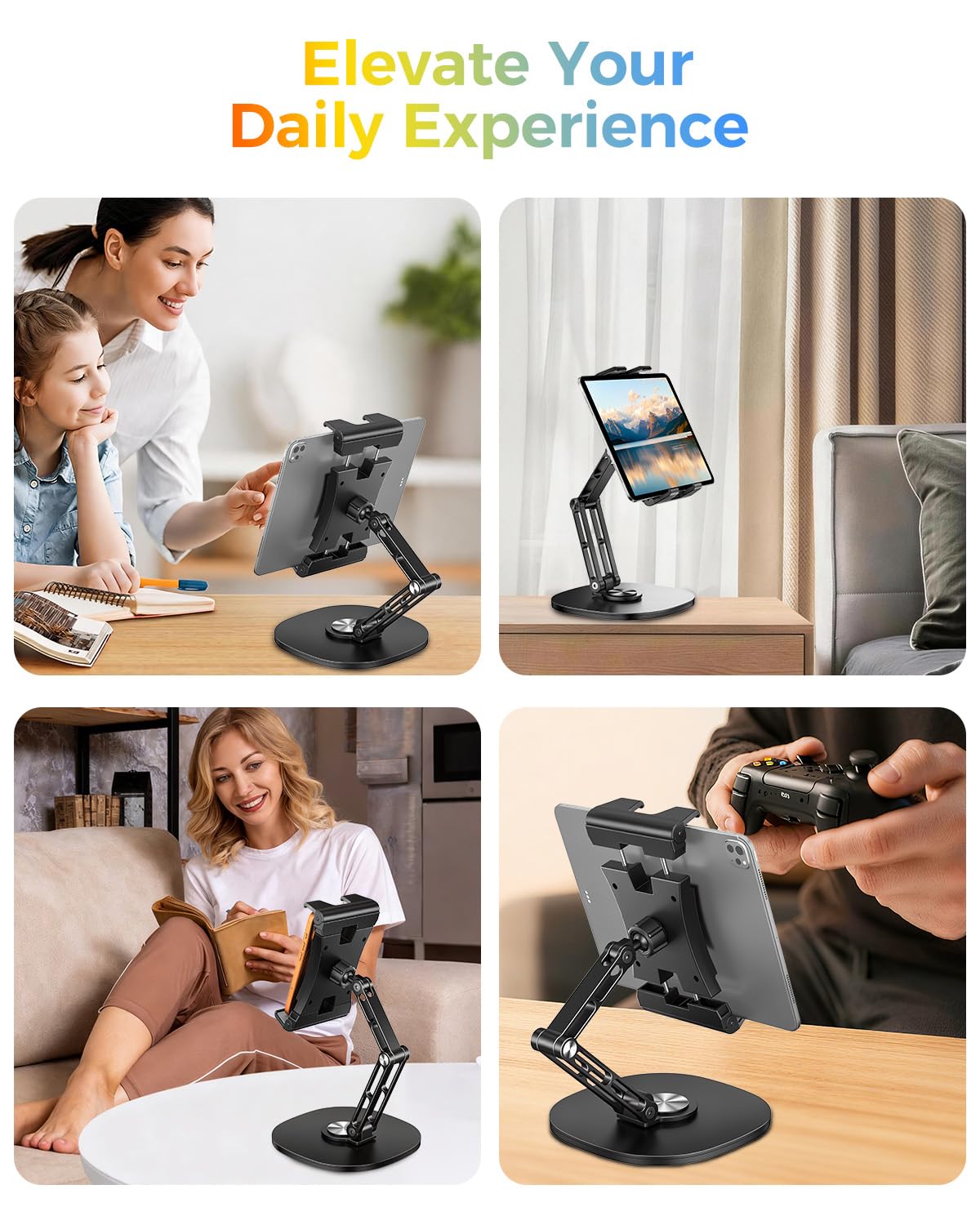OHLPRO Supporto da scrivania regolabile per iPad, base girevole a 360°, supporto pieghevole per tablet, in alluminio resistente, per dispositivi da 4,7-15,6", iPad Pro/Air/Mini, Galaxy Tab, telefoni