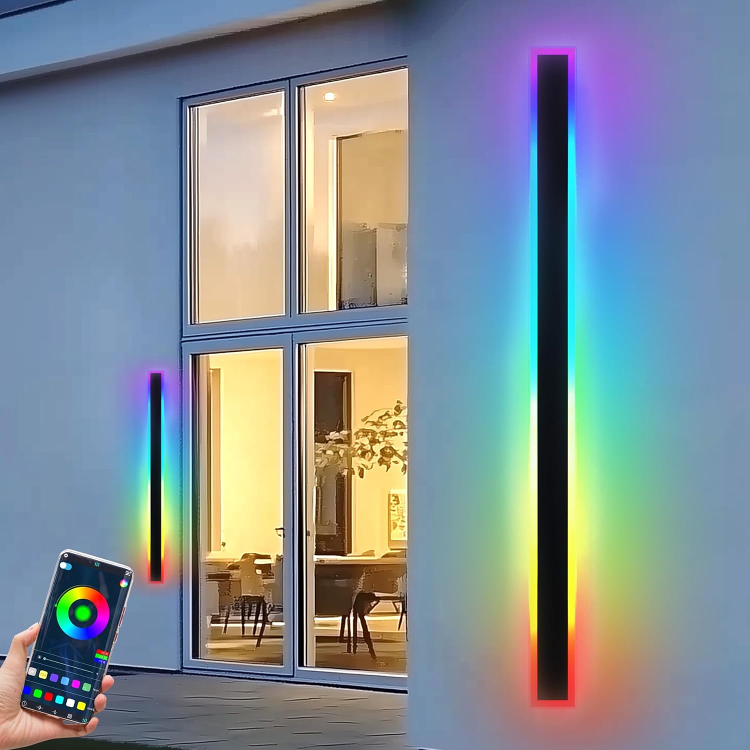2PCS 40" RGBW LED Long Wall Light Outdoor, Black Led Wall Sconces, IP66 Waterproof Wall Lighting, Exterior Light Fixtures Wall Mount, APP Control for Outdoor/Indoor Party Gathering