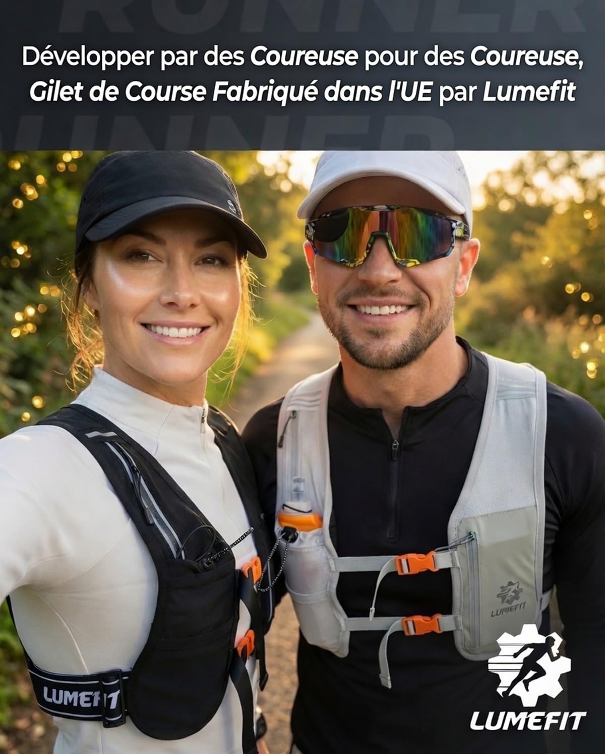 LUMEFIT Gilet Running - Gilet Réfléchissant & Sac à Dos Réglable avec Porte-Téléphone, Pochette Imperméable & Gourde 500ml - pour Homme et Femme, Idéal Course à Pied & Trail