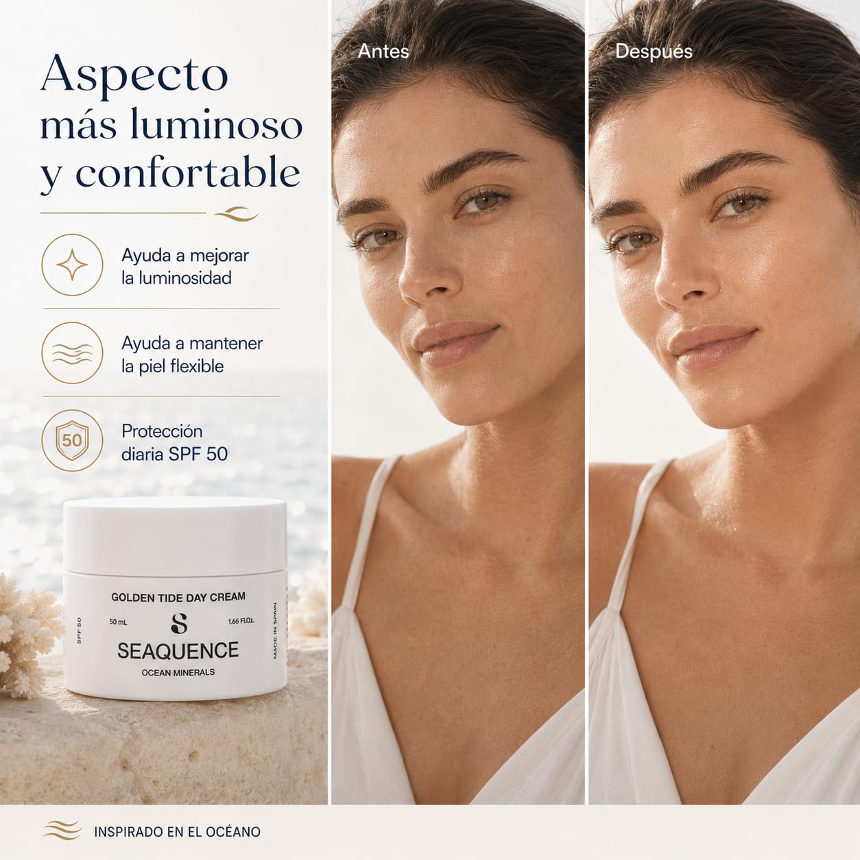 SEAQUENCE Golden Tide Day Cream SPF 50 50 ml | Crema de Día Facial con Ormus Marino, Ocean Trace Minerals, Niacinamida, Vitamina C Estabilizada, Vitamina E y Ácido Hialurónico | Hidratación total