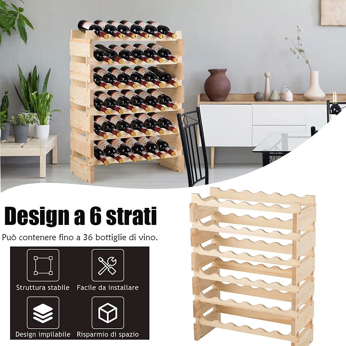 RELAX4LIFE Portabottiglie Vino per 36/72/108 Bottiglie in Legno, Cantinetta a 6/9 Livelli, Ripiani Impilabili con Montaggio a Incastro, Scaffale Salvaspazio,Vintage, per Cucina, Bar (36 Bottiglie)