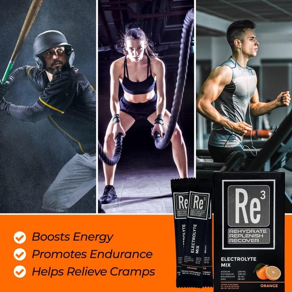 Re3 - Rehydrate - Replenish - Recover Electrolyte Powder Packets. No Sugar, 7 Cal, 1.4 Carbs. The Best Mix of Vitamins and Minerals (Orange)
