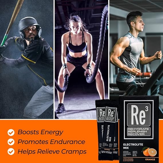 Re3 - Rehydrate - Replenish - Recover Electrolyte Powder Packets. No Sugar, 7 Cal, 1.4 Carbs. The Best Mix of Vitamins and Minerals (Orange)